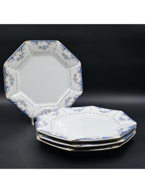 Seizan Mood Indigo 7936 Octagonal Blue Floral Dinner Plates Set of 4 Vintage 10"